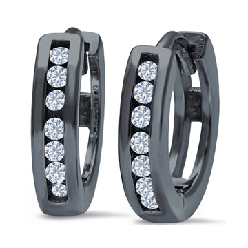 Half Eternity Hoop Earrings Round Black Tone, Simulated CZ 925 Sterling Silver (11mm)